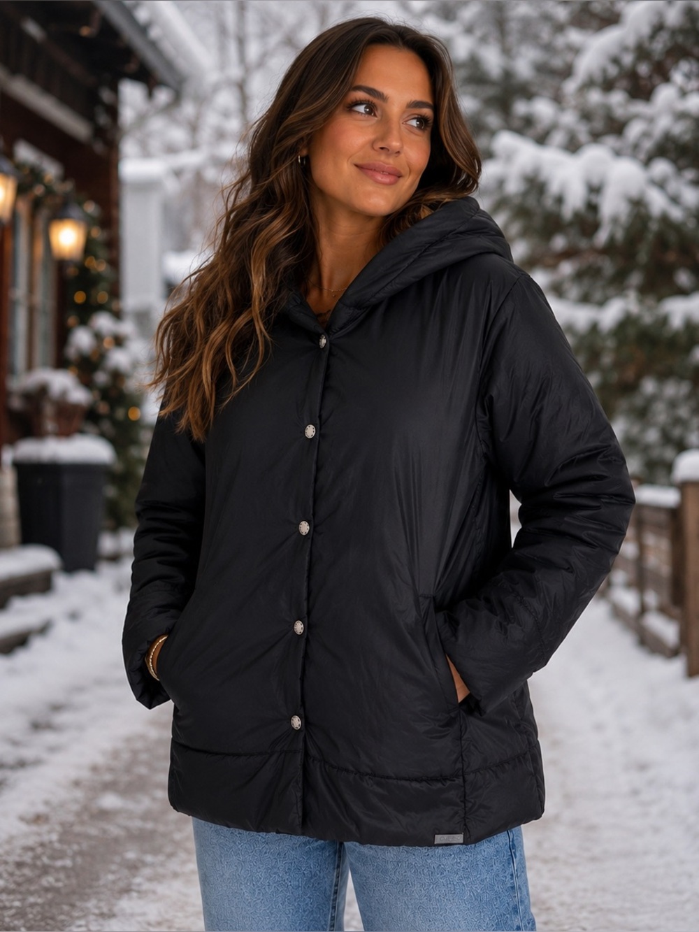 Vintage Guess Black Hooded Puffer Jacket Women’s Large Y2K Winter Coat